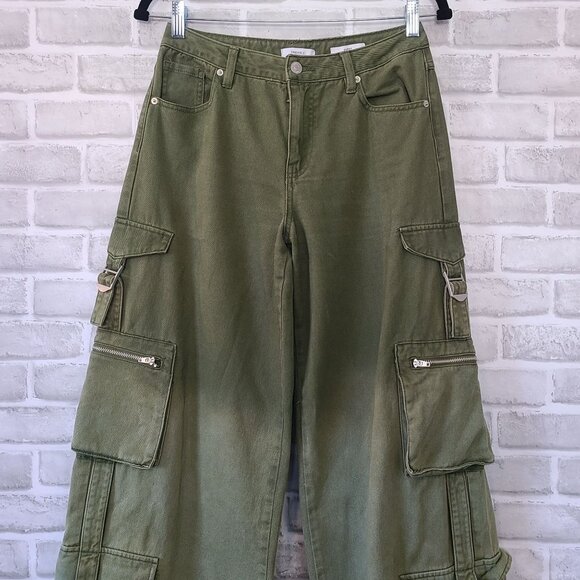 Forever 21 Cypress Cargo Denim Pants Wide Leg Ombre Green Pockets 25 Streetwear - Picture 2 of 10